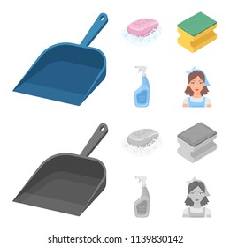Blue scoop for garbage, pink soap with foam, sponge for washing, pulvelizer for with a means for windows. Cleaning set collection icons in cartoon,monochrome style vector symbol stock illustration web