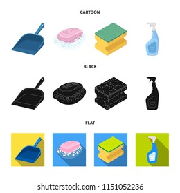 Blue scoop for garbage, pink soap with foam, sponge for washing, pulvelizer for with a means for windows. Cleaning set collection icons in cartoon,black,flat style vector symbol stock illustration web