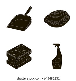 Blue scoop for garbage, pink soap with foam, sponge for washing, pulvelizer for with a means for windows. Cleaning set collection icons in black style vector symbol stock illustration web.