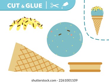 Blue scoop ice cream. Cut and glue.  Ice cream, waffle cone. Applique. Paper education game. Flat, cartoon. Isolated vector illustration eps 10