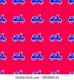 Blue Scooter delivery icon isolated seamless pattern on red background. Delivery service concept.  Vector