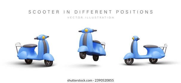 Blue scooter in different positions. Concept of fast delivery. Transport for courier. Web poster with place for text. Collection of transport. Vector illustration in 3d style