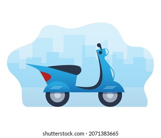 Blue scooter on the background of the city. Vector flat motorcycle. Delivery scooter.