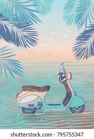 Blue scooter on the beach under the palm trees