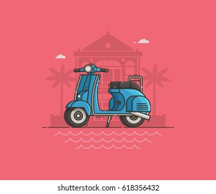 Blue scooter parked near villa and sea beach. Motor bike on road vector illustration. Motorcycle standing on tropical seaside background. Retro motorbike in flat design. Summer travel concept.