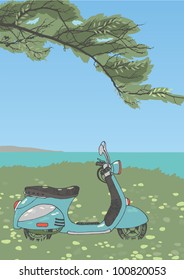 Blue scooter under a tree