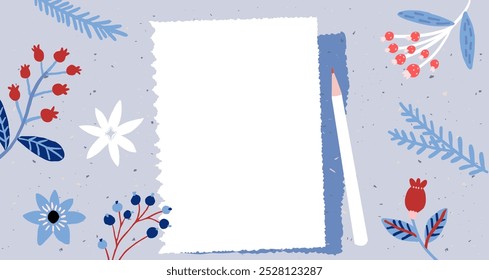 Blue scrapbook page banner frame, torn paper decorated with floral elements and pen on blue background.