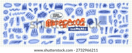 Blue scrapbook scribble doodle stickers set on notebook grid background. Crayon or pencil drawn doodle on torn edges collage blue paper. Pen note scribbles, crown, arrow and heart scrapbook clip art.