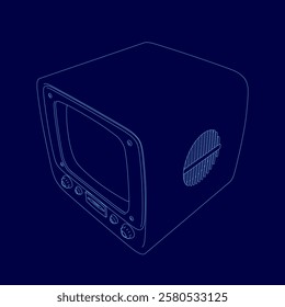 Blue screen with a black outline of a television. The television is turned off. The television is a vintage style