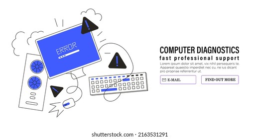 Blue Screen Of Death Or Computer Malfunction Concept For Web Or Ui Design And Ads. Malware Or Bug In Software Or Program. Data Recovery, Computer, Laptop Diagnostics And Software Update Service Banner