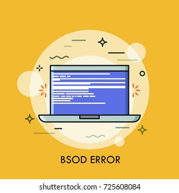 Blue screen of death displayed on laptop. Concept of fatal error, operating system failure, kernel crash, critical alert. Creative vector illustration for web banner, website, poster, advertisement.