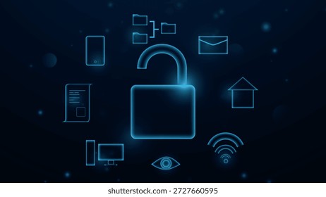 Blue screen with a lock on it and a bunch of icons surrounding it. The lock is surrounded by icons for a computer, a phone, a printer, and a keyboard
