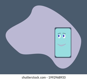 Blue Screen Smartphone with smiling face and eyes. Copy space for text, flyer, banner, template. Geometric minimalist purple Very Peri color shape on dark gray background. Cartoon smile mobile phone.