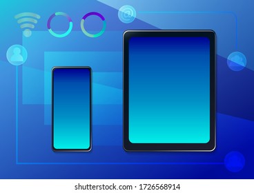 Blue screen tablets and smartphones with a blue background.