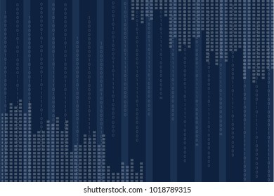 Blue screen with vertical binary programing code and columns of small squares cartoon vector illustration. Computer matrix minimalistic visualization.