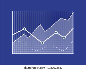 Blue screen with white infographic, vector poster, illustration with diagram on net, risen statistic line, data report, round points, set of lines