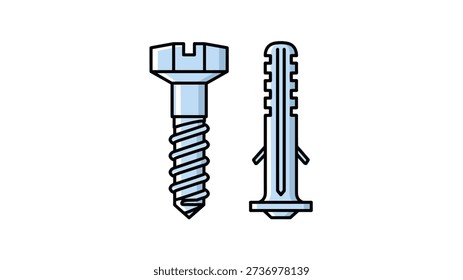 Blue screw and plastic wall plug anchor bolt icons presented as flat technical illustrations for hardware and construction concepts.