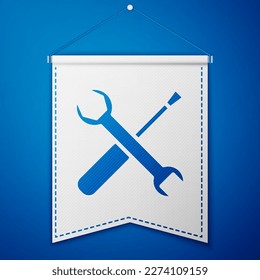 Blue Screwdriver and wrench spanner tools icon isolated on blue background. Service tool symbol. White pennant template. Vector Illustration