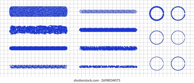 Blue scribble art strokes and circles on grid background