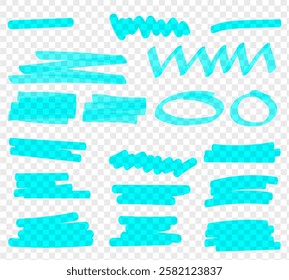 Blue Scribble doodle underline emphasis line shape set. Blue Hand drawn brush stroke highlight speech bubble cloud sparkle arrow element in childish drawing style. Blue Editable stroke, Illustration.