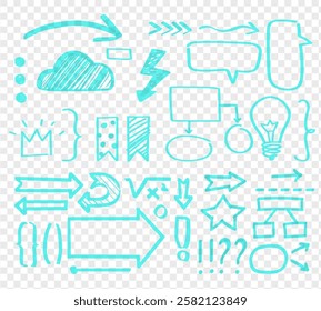 Blue Scribble doodle underline emphasis line shape set. Blue Hand drawn brush stroke highlight speech bubble cloud sparkle arrow element in childish drawing style. Blue Editable stroke, Illustration.