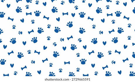 Patrón sin fisuras de garabatos, corazones y huesos azules sobre fondo blanco. Dibujado a mano Ilustración vectorial para mascotas