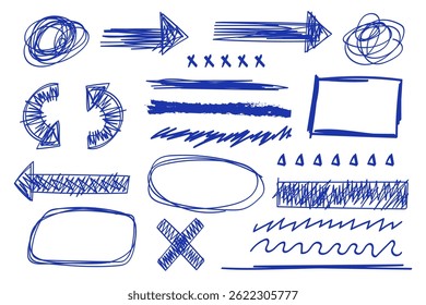 Blue scribbles, including arrows, separators, ellipses, waves, and more.
