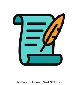 Blue scroll and feathered pen. Icon symbol illustration