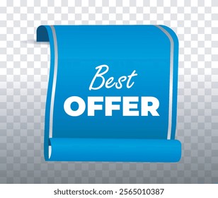 Blue scroll-shaped banner with the words Best Offer on a transparent background. Vector illustration for promotions, discounts, or marketing purposes. Stylish and modern vector design