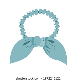 Blue scrunchy, hair band with a bow. Accessories for hairstyles in the style of the 80s or 90s. Vector illustration in a flat style, isolated on a white background.