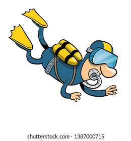 Blue scuba diver with oxygen tanks and mask swiming under water