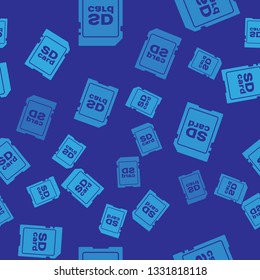 Blue SD card icon isolated seamless pattern on blue background. Memory card. Adapter icon. Vector Illustration