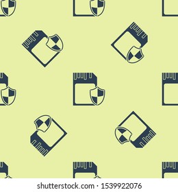 Blue SD card and shield icon isolated seamless pattern on yellow background. Memory card. Adapter icon. Security, safety, protection, privacy concept.  Vector Illustration