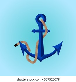 Blue sea anchor on the blue background with rope, flat design river