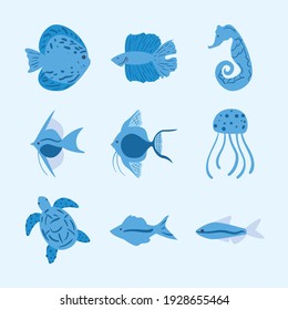 Blue Sea Animals Icon Set Design Life Ecosystem Fauna And Ocean Theme Vector Illustration