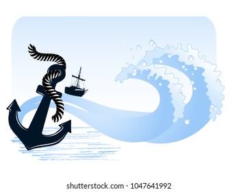 Blue sea background with anchor and ship