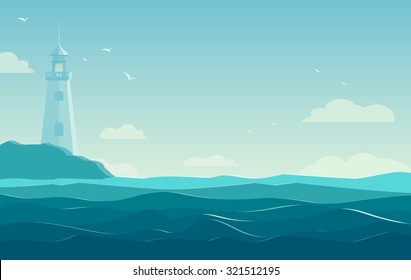 синий морской фон с волнами и маяком. Векторная иллюстрация