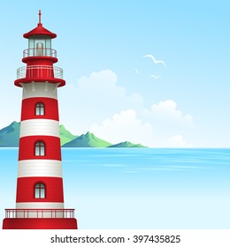 Blue sea background with waves and lighthouse. Vector Illustration EPS10