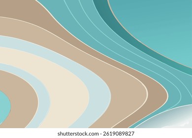 Blue sea and beach abstract background with curved paper waves. Paper cut-out style, perfect for banners, flyers, posters, invitations, websites. Vector art with text space.