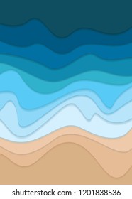 Blue sea and beach background. Sea waves and beach in papers layered style.