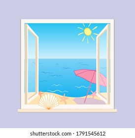 blue sea and beach behind open window - vector illustration of summer vacation