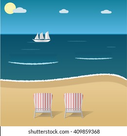Blue sea beach with stripped armchairs and white sail boat on a horizon. Golden sand and sea waves. Beach relax, coastline view vector illustration.
