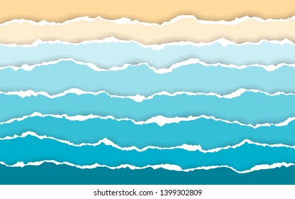 Blue sea and beach summer background. Torn paper stripes. Ripped squared horizontal paper strips. Torn paper edge. Vector illustration.