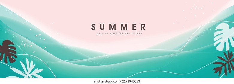 Blue sea and beach summer banner background with ripple and tropical leaf