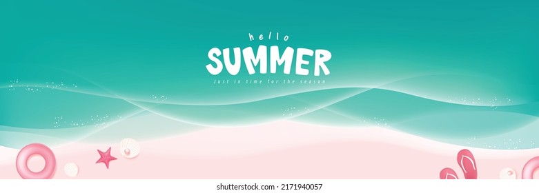 Blue sea and beach summer banner background with ripple and beach decorations