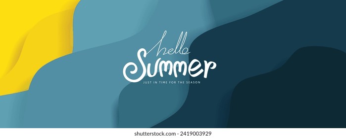 Blue sea and beach summer banner background with abstract blue ripple and calligraphy summer