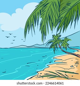 Blue sea and the beach vector for card, illustration, decoration 