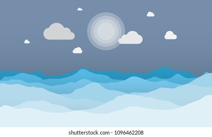 Blue sea and beautiful waves background. under the night light. Vector illustration