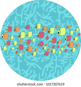 blue sea bottom doodle as circle, can use for greeting, post cards, template etc