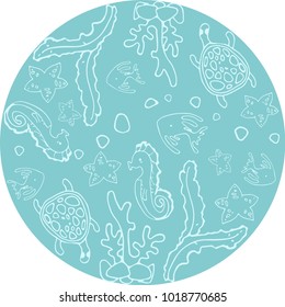 blue sea bottom doodle as circle, can use for greeting, post cards, template etc